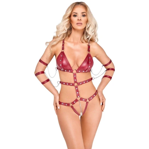 Боді із фіксаторами для рук Orion Bad Kitty Strap Body Red, L: Декор Ланцюжок, Заклепки