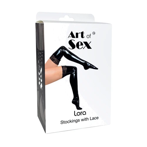 Сексуальні вінілові панчохи Art of Sex - Lora з мереживом, S (чорні): Вид Чулки