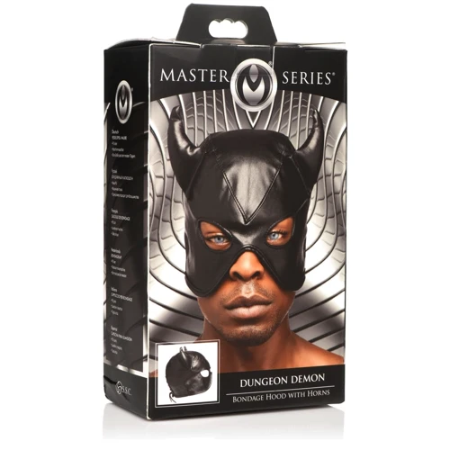 Маска Master Series Dungeon Demon Bondage Mask with Horns - Black: Цвет черный